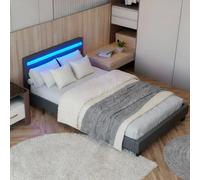 Juskys Lit rembourré Paris 120x200 cm avec sommier à Lattes, éclairage LED et tête de lit, revêtement en Tissu, Cadre de lit pour Adulte et ado, 1 Personne, Gris foncé