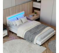 Juskys Lit rembourré Paris 120x200 cm avec sommier à Lattes, éclairage LED et tête de lit, revêtement en Similicuir, Cadre de lit pour Adulte et ado, 1 Personne, Blanc