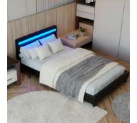 Juskys Lit rembourré Paris 120x200 cm avec sommier à Lattes, éclairage LED et tête de lit, revêtement en Similicuir, Cadre de lit pour Adulte et ado, 1 Personne, Noir