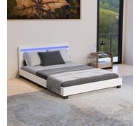 Juskys Lit rembourré Paris 140x200 cm avec éclairage LED, sommier à Lattes et tête de lit, Simili Cuir, Cadre de lit pour Adulte et ado, 1 Personne, Blanc