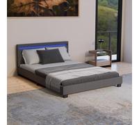Juskys Lit rembourré Paris 140x200 cm avec éclairage LED, sommier à Lattes et tête, Simili Cuir, pour Adulte et ado, 1 Personne, Gris