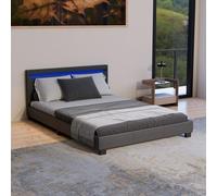 Juskys Lit rembourré Paris 140x200 cm avec éclairage LED, sommier à Lattes et tête, Simili Cuir, pour Adulte et ado, 1 Personne, Noir
