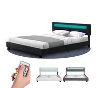 Juskys Lit rembourré Paris 160x200 cm avec éclairage LED, sommier à Lattes et tête de lit, Simili Cuir, Cadre de lit pour Adulte et ado, 2 Personnes, Noir