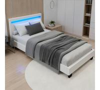 Juskys Lit rembourré Paris 90x200 cm avec sommier à Lattes, éclairage LED et tête de lit, revêtement en Similicuir, Cadre de lit pour Adulte et ado, 1 Personne, Blanc