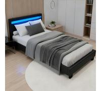 Juskys Lit rembourré Paris 90x200 cm avec sommier à Lattes, éclairage LED et tête de lit, revêtement en Similicuir, Cadre de lit pour Adulte et ado, 1 Personne, Noir