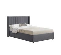 Juskys Lit rembourré Savona 140x200 cm avec Coffre, sommier à Lattes, Housse en Velours, Cadre de lit en Bois, jusqu'à 250 kg, Grande tête de lit, Gris foncé