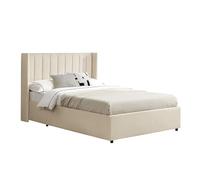 Juskys Lit rembourré Savona 140x200 cm avec Coffre, sommier à Lattes, Housse en Velours, Cadre de lit en Bois, jusqu'à 250 kg, Grande tête de lit, Beige