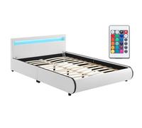 Juskys Lit rembourré Sevilla 140x200 cm avec LED, sommier à Lattes & tête de lit, Similicuir, 16 réglages de Couleur & télécommande, Cadre de lit pour Adulte et ado, 1 Personne, Blanc