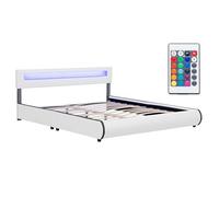 Juskys Lit rembourré Sevilla 180x200 cm avec LED, sommier à Lattes & tête de lit, Similicuir, 16 réglages de Couleur & télécommande, Cadre de lit pour Adulte et ado, 2 Personnes, Blanc