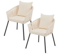 Juskys Lot 2 Chaises de Jardin Corde Beige Coussins Acier 160kg Résistantes Intempéries Terrasse Balcon Extérieur