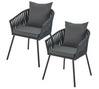 Juskys Lot 2 Chaises de Jardin Corde Gris Foncé Coussins Acier 160 kg Résistantes Intempéries Extérieur Terrasse Balcon