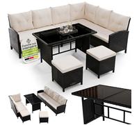 Juskys Manacor Salon de Jardin Polyrattan Noir 7 Places Canapé Table 2 Poufs Coussins Crème Mobilier Extérieur Terrasse Jardin