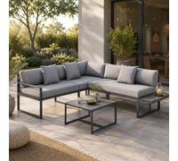 Juskys Mobilier de Jardin Lounge St. Tropez - Coin Salon 4 Personnes - Ensemble avec Table, canapé d'angle et Coussins - Meubles pour Balcon et Jardin - Fauteuils de Balcon en Bois - Gris