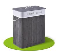 Juskys Panier à linge en bambou Curly 100 litres gris - récupérateur de linge avec couvercle, anse & 2 compartiments - sac à linge en tissu corbeille à linge amovible & lavable- Gris, 100 litres