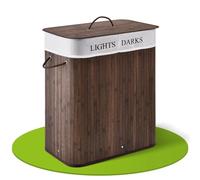 Juskys Panier à linge en bambou Curly 100 litres - récupérateur de linge avec couvercle, anse & 2 compartiments - sac à linge en tissu corbeille à linge amovible & lavable- Brun, 100 litres