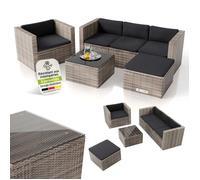 Juskys Punta Cana L Salon de Jardin Polyrattan Gris Chiné 4-5 Places Canapé Fauteuil Table Pouf Mobilier Extérieur Terrasse Jardin