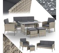 Juskys Salon de Jardin 6 pièces Turin en polyrotin - 7 Personnes - Mobilier d'extérieur avec fauteuils, tabourets, Table & Coussins - Meubles de Jardin pour Coin Lounge - Gris