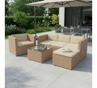 Juskys Salon de Jardin en polyrotin Lounge Punta Cana L - résistant aux intempéries - avec canapé, Fauteuil, Tabouret, Table & Coussins - 4-5 Personnes - Crème/Sable