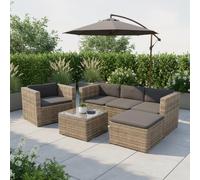 Juskys Punta Cana L Salon de Jardin Polyrattan Gris Chiné 4-5 Places Canapé Fauteuil Table Pouf Mobilier Extérieur Terrasse Jardin