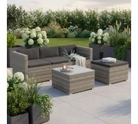 Juskys Salon de Jardin en polyrotin Lounge Punta Cana M, résistant aux intempéries - avec canapé 3 Places, Tabouret, Table & Coussins 3-4 Personnes Ensemble de Meubles de Jardin Gris chiné