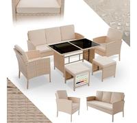 Juskys Salon de Jardin en rotin synthétique Turin - Ensemble 6 pièces - 7 Personnes - Meubles d'extérieur avec fauteuils, Table & Coussins - Crème/Sable