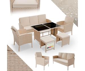 Juskys Salon de Jardin en rotin synthétique Turin - Ensemble 6 pièces - 7 Personnes - Meubles d'extérieur avec fauteuils, Table & Coussins - Crème/Sable