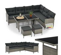 Juskys Salon de Jardin Lounge Manacor en polyrotin Gris moucheté - avec canapé, Table, 2 tabourets et Coussins - Ensemble de Meubles de Jardin jusqu'à 7 Personnes - Housses Grise