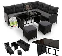 Juskys Salon de Jardin Lounge Manacor en polyrotin Noir - avec canapé, Table, 2 tabourets & Coussins - Ensemble de Meubles de Jardin pouvant accueillir jusqu'à 7 Personnes - Housses Grise