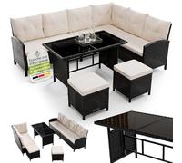 Juskys Salon de Jardin Lounge Manacor en polyrotin Noir - avec canapé, Table, 2 tabourets & Coussins - Ensemble de Meubles pouvant accueillir jusqu'à 7 Personnes - Housses de Couleur crème