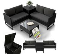 Juskys Coin Lounge extérieur Santorini en polyrotin - Salon de Jardin avec Table Basse et Coffre à Coussins - Meubles de Jardin en Imitation rotin résistant aux intempéries - Noir