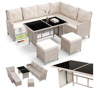 Juskys Salon de Jardin Manacor en résine tressée - mobilier extérieur avec canapé d’Angle Table Repas 2 poufs et Coussins - crème Sable