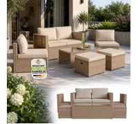 Juskys Salon de jardin Polyrattan Lounge Salou Crème / Sable - Ensemble mobilier extérieur 4 personnes