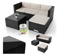 Juskys Salon de jardin Punta Cana M polyrattan noir/crème 3-4 personnes canapé table ottoman