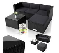 Juskys Salon de Jardin en polyrotin Lounge Punta Cana M, résistant aux intempéries - avec canapé 3 Places, Tabouret, Table & Coussins 3-4 Personnes - Ensemble de Meubles de Jardin Noir/Gris