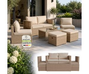 Juskys Salon de Jardin Salou en polyrotin - Espace Lounge d'extérieur résistant aux intempéries pour 6 Personnes - Coin Salon avec Table & Coussins - pour Jardin, Balcon, terrasse - Crème/Sable