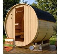 Juskys Sauna tonneau extérieure Spitzbergen 220 cm 6 places avec poêle 8 kW - Sauna de jardin en bois