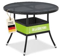 Juskys Table de Jardin Yoro en polyrotin résistant aux intempéries - Table de Balcon Ronde Ø 80 cm - Table d'appoint en rotin à Plateau en Verre - Petite Table pour Balcon, Jardin & terrasse - Noir