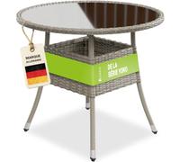 Juskys Table de Jardin Yoro en polyrotin résistant aux intempéries - Table de Balcon Ronde Ø 80 cm - Table d'appoint en rotin à Plateau en Verre - Petite Table pour Balcon, Jardin & terrasse - Gris