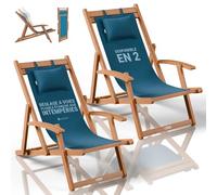 Juskys® Transat Tavira Bleu pétrole (Lot de 2) - Pliables, dossiers à 3 Positions, Coussins Amovibles, résistants aux intempéries, Bois d'acacia huilé