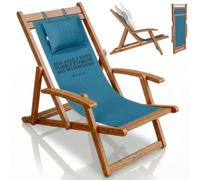 Juskys® Transat Tavira Bleu pétrole - Pliable, Dossier à 3 Positions, Coussin Amovible, résistant aux intempéries, Bois d'acacia huilé, 6 kg