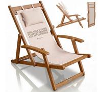 Juskys® Transat Tavira Crème - Pliable, Dossier à 3 Positions, Coussin Amovible, résistant aux intempéries, Bois d'acacia huilé, 6 kg