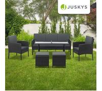 Juskys Turin Salon de Jardin Polyrattan 7 Places Noir 6 Pièces Canapé Fauteuil Poufs Table Coussins Mobilier Lounge Extérieur