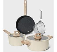 Just Perfecto JL-331: 6 Pieces Marble Coated Cookware Set with Rubber Rim Lids - Beige