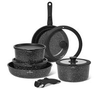 Just Perfecto Lot Casseroles et Poêles 11 Pièces - Poêle à Frire 20cm/26cm, Casserole 18cm/20cm, Sauteuse 26cm, Induction, Poignée Amovible, Revêtement Antiadhésif, Couvercles Antiprojections Black