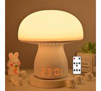 Justup Lampe de chevet tactile à intensité variable, lampe de table LED en forme de champignon avec affichage d'heure et fonction de minuterie, lampe avec batterie 3600mAh USB rechargeable, lampe de