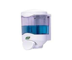JVD Crystal Distributeur de Savon & Gel hydroalcoolique 450ml, Débit 1ml - Blanc - Compatible Savon Gel - Bouton Poussoir - Anti-vandalisme