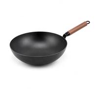 JWQFBC Wok en fer induction avec couvercle, manche en bois hêtre, style japonais, sans revêtement, antiadhésif naturel pour une, Japonais, 32 cm