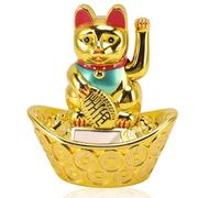 Jwthee Bras agitant de Chat Porte-Bonheur, Chat Porte-Bonheur Japonais Maneki Neko, Statue de Chat de Fortune Solaire, Maneki Neko Fortune Cat (Or)