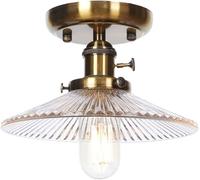 JYBNBBE Plafonnier industriel en V E27 à tête unique semi-encastré, métal plaqué avec abat-jour en verre transparent rayé, compatible avec hall d'entrée, laiton
