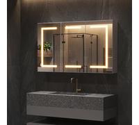 JYCRA Armoire de salle de bain avec miroir de 100 cm de large avec LED, 3 portes, 3 températures de couleur à intensité variable, avec étagère réglable, interrupteur à capteur tactile, armoire